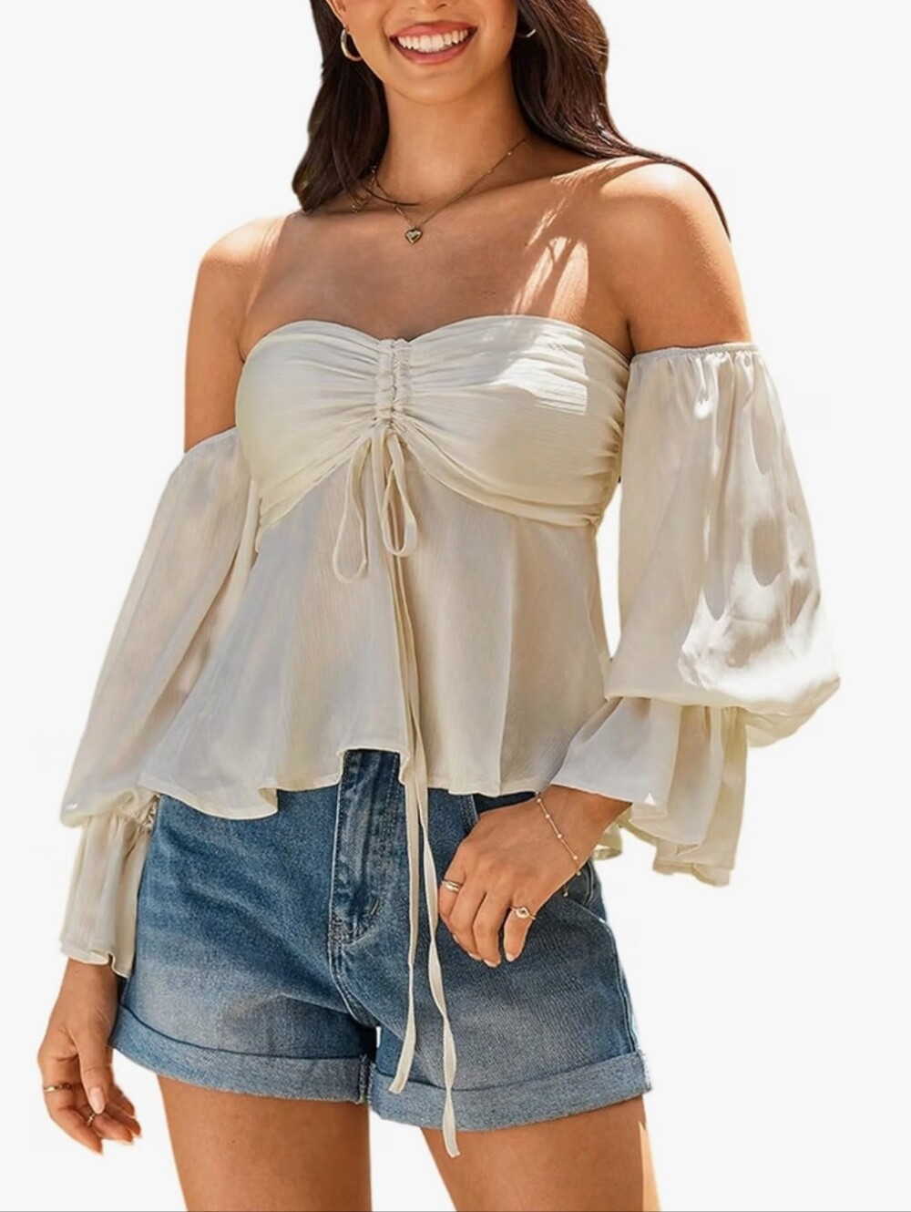 Women's Cream Off-Shoulder Ruched Peasant Top